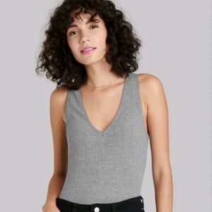 Wild Fable Bodysuit Gray Waffle Knit V-Neck Sleeveless Women's XS